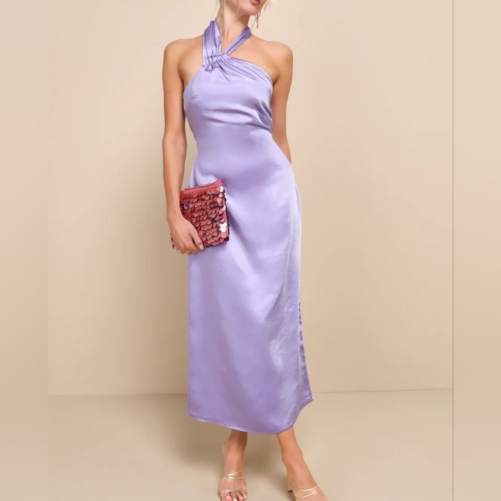 🆕️ Lulus Perfectly Sleek Lavender Satin Halter Slip Midi Dress - Picture 2 of 16